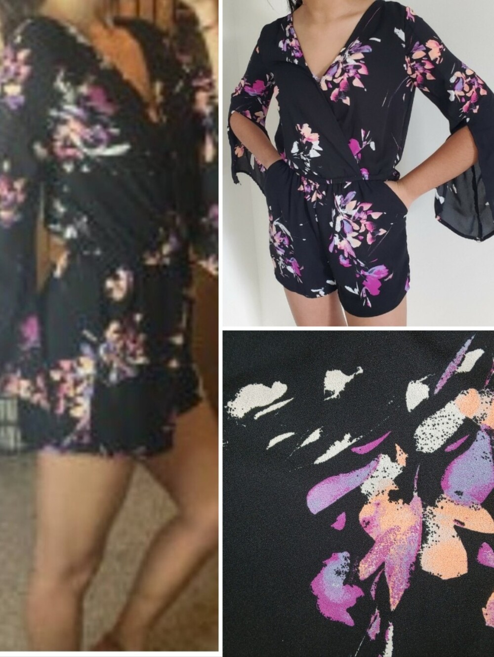 Like New Arizona JCP Black Floral Surplice Romper Bell Sleeves, Pockets, LN